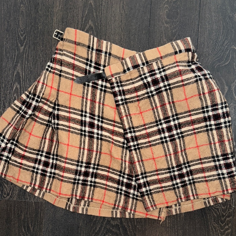 Beige Plaid Wrap Mini Skirt 100% pure wool  with Belt